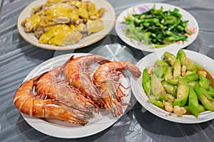 Selection with Chinese Food Including Prawn, Chicken and Vegetable
