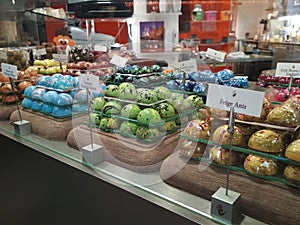 Selection of chocolate in a row, shop in Belgium