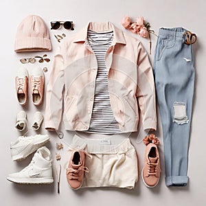 A selection of clothes for spring in a modern style, individual items on a white background, top view