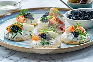 Selection of cocktail blinis - gourmet party food