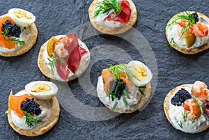 Selection of cocktail blinis - gourmet party food