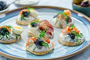 Selection of cocktail blinis - gourmet party food