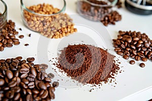 selection of coffee roasts on white surface, labeled