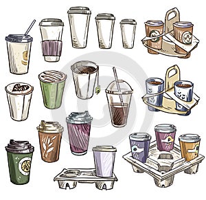 Selection of coffee takeaway cups and carrier trays.