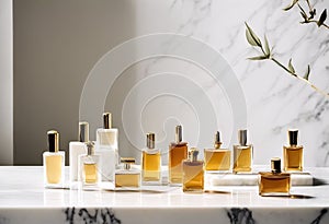 A selection of colognes are displayed on a luxurious marble countertop beneath an olive tree