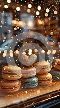 Selection of colorful, tasty, sweet macarons at the local bakery display.