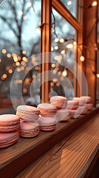 Selection of colorful, tasty, sweet macarons at the local bakery display.