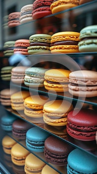 Selection of colorful, tasty, sweet macarons at the local bakery display.