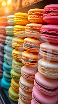 Selection of colorful, tasty, sweet macarons at the local bakery display.