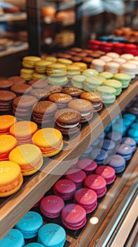 Selection of colorful, tasty, sweet macarons at the local bakery display.