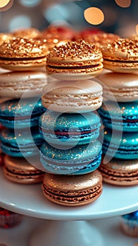 Selection of colorful, tasty, sweet macarons at the local bakery display.