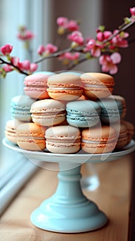 Selection of colorful, tasty, sweet macarons at the local bakery display.