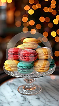 Selection of colorful, tasty, sweet macarons at the local bakery display.