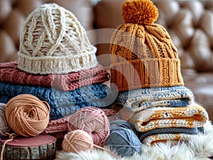 A selection of colorful and unique hand-knitted beanies photo