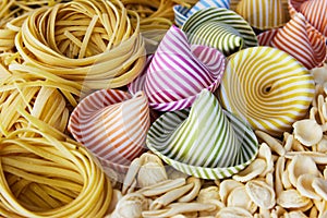 Selection Of Colourful Dried Pasta Including Sombreroni,Orrechiette,Tagliatelle,And Linguine Nests