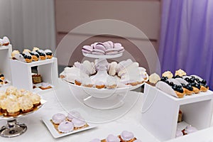 Selection of delicious desserts, cakes, cupcakes and pastry on a buffet table at banquet