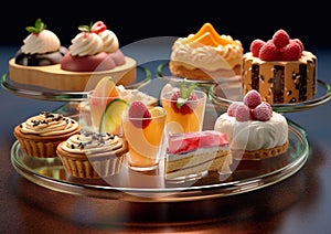 Selection of different desserts and pastries with cakes and whipped cream and chocolate dessert on metal tray.Macro.AI Generative