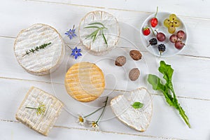 Selection of different types of cheese. fresh cheese prentented with aromatic herbs and fruits