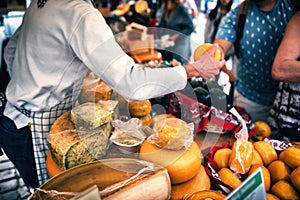 Selection of Dutch cheese at farmers traditional market