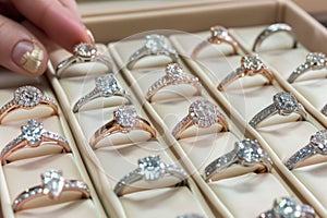 selection of engagement rings with jewelers hand