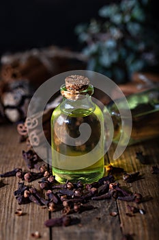 Selection of essential oils with  clove and cinnamon sticks on the wooden background