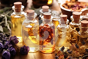 Selection of essential oils with various herbs and flowers on the background. Assortment of natural oils in glass bottles on