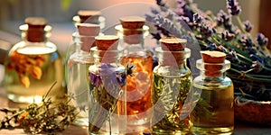 Selection of essential oils with various herbs and flowers on the background. Assortment of natural oils in glass bottles on