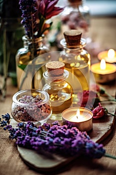 Selection of essential oils with various herbs and flowers on the background. Assortment of natural oils in glass bottles .