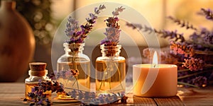 Selection of essential oils with various herbs and flowers on the background. Assortment of natural oils in glass bottles on