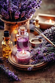 Selection of essential oils with various herbs and flowers on the background. Assortment of natural oils in glass bottles on