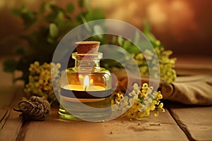 Selection of essential oils with various herbs and flowers on the background. Assortment of natural oils in glass bottles .