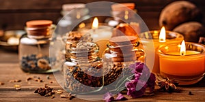 Selection of essential oils with various herbs and flowers on the background. Assortment of natural oils in glass bottles .