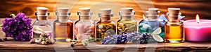 Selection of essential oils with various herbs and flowers on the background. Assortment of natural oils in glass bottles .