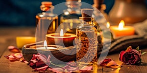 Selection of essential oils with various herbs and flowers on the background. Assortment of natural oils in glass bottles .