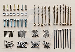Selection of fasteners used for different construction or carpentry