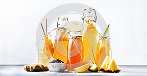 Selection Of Fermented Kombucha Drinks. Homemade probiotic superfood tea, keto diet drink, tepache, cider, kvass, ginger ale. photo