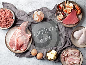 Selection food for CARNIVORE DIET. Seafood, Meat, megs and fat. Zero carbs diet concept