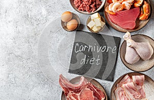 Selection food for CARNIVORE DIET. Seafood, Meat, megs and fat. Zero carbs diet concept