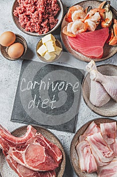 Selection food for CARNIVORE DIET. Seafood, Meat, megs and fat. Zero carbs diet concept