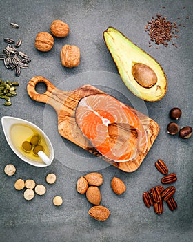 Selection food sources of omega 3 and unsaturated fats. Super food high omega 3 and unsaturated fats for healthy food. Almond