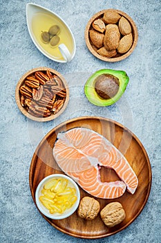 Selection food sources of omega 3 and unsaturated fats. Super food high omega 3 and unsaturated fats for healthy food. Almond