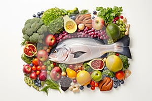 Selection Food sources of omega 3, vitamins and fiber. Healthy food concept. Generative AI illustration