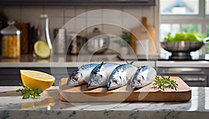 A selection of fresh fish: mackerel, sitting on a chopping board against blurred kitchen background copy space