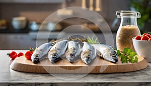 A selection of fresh fish: mackerel, sitting on a chopping board against blurred kitchen background copy space