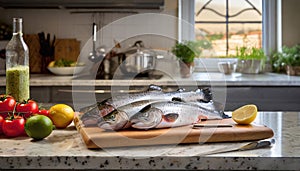 A selection of fresh fish: trout, sitting on a chopping board against blurred kitchen background copy space