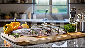 A selection of fresh fish: trout, sitting on a chopping board against blurred kitchen background copy space
