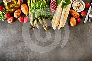 Selection of fresh fruit and veggies for asparagus