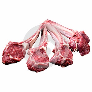 A selection of fresh lamb chops laid out cleanly against a white background, highlighting their rich red color and photo