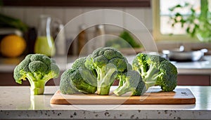 A selection of fresh vegetable: broccoli, sitting on a chopping board against blurred kitchen background copy space