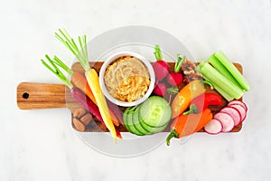 Selection of fresh vegetables and hummus dip on a serving tray, above view over white marble